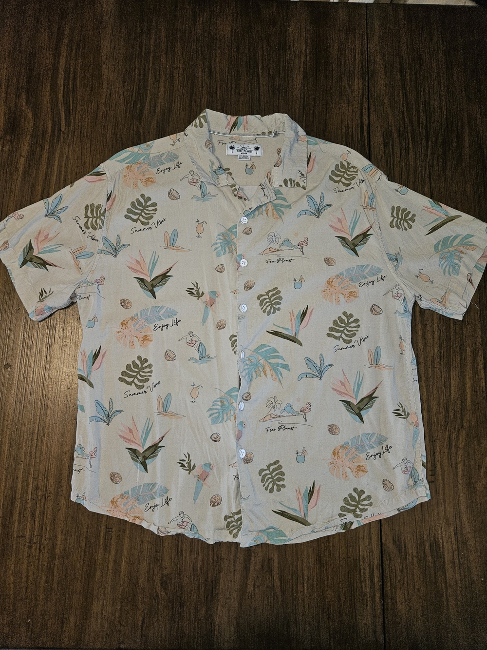 Free Planet Beige Short-Sleeve Button-Down with Pastel Blue, Pink & Olive Print